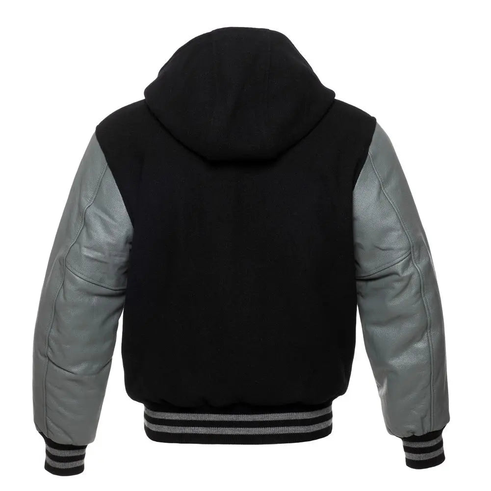 Black Wool/Grey Leather New Hoddie Varsity  Jacket image 3
