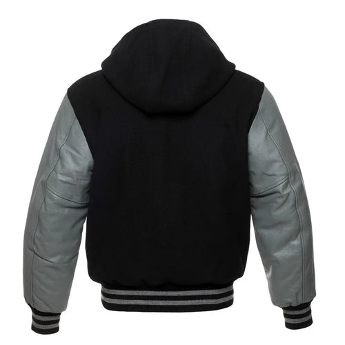 Black Wool/Grey Leather New Hoddie Varsity  Jacket image 3