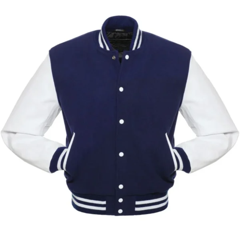 Kids Navy/White Leather  New Classic Varsity Jacket image 0