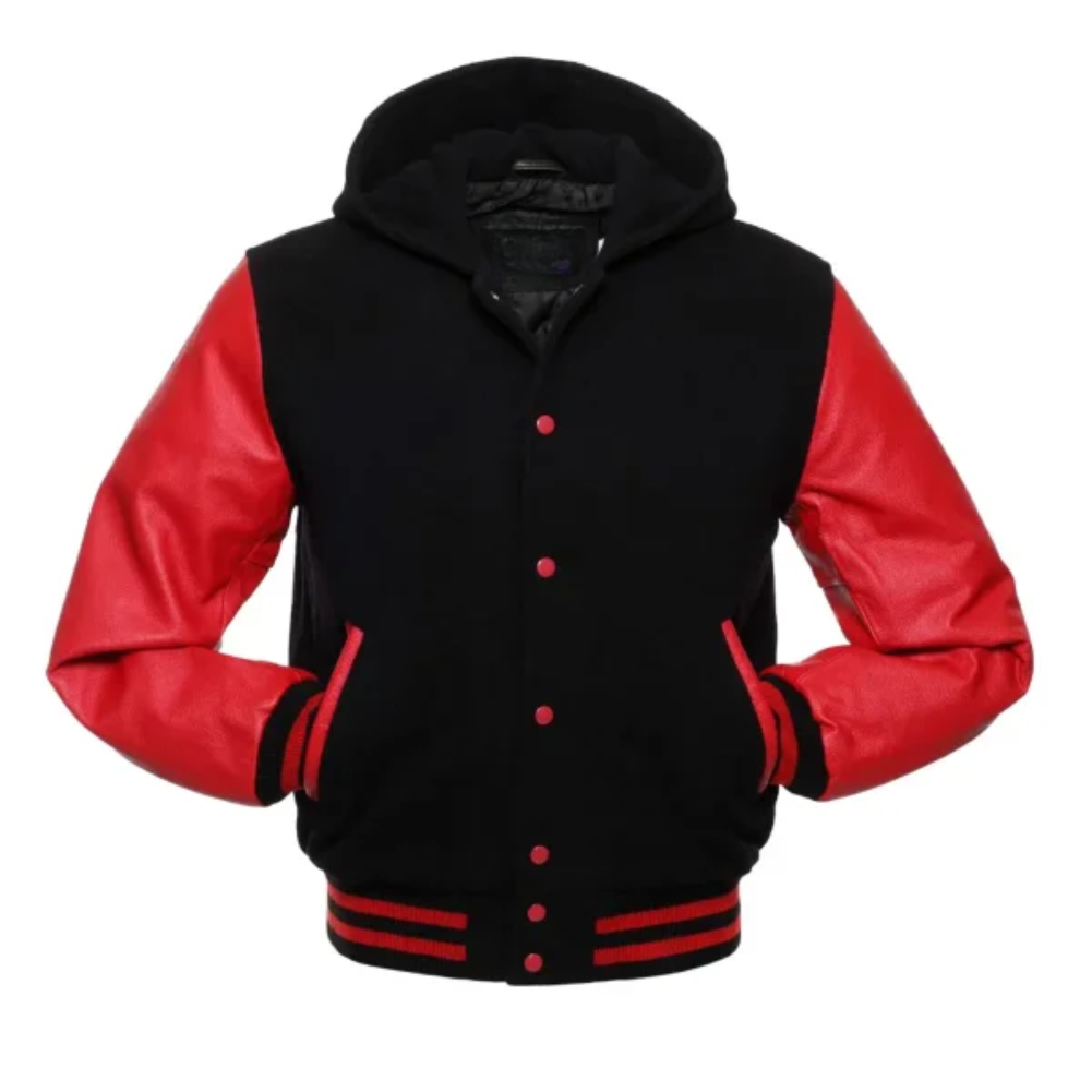 Black Wool/Red Leather New Hoddie Varsity  Jacket image 0