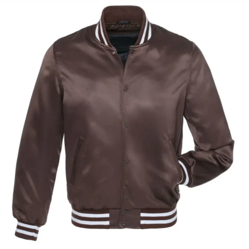 Satin Brown/White Leather New Satin Varsity Jacket image 0