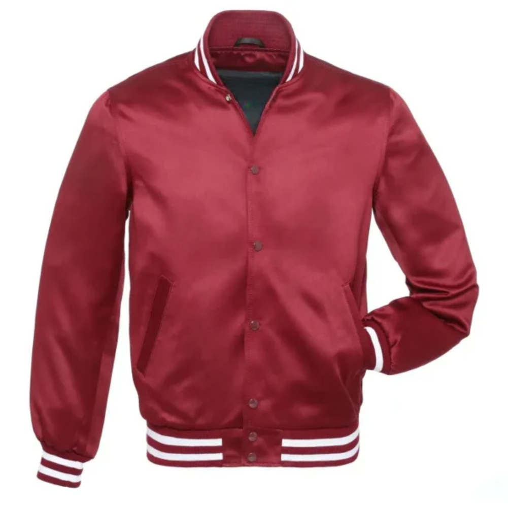 Satin Cardinal/White Leather New Satin Varsity Jacket image 0
