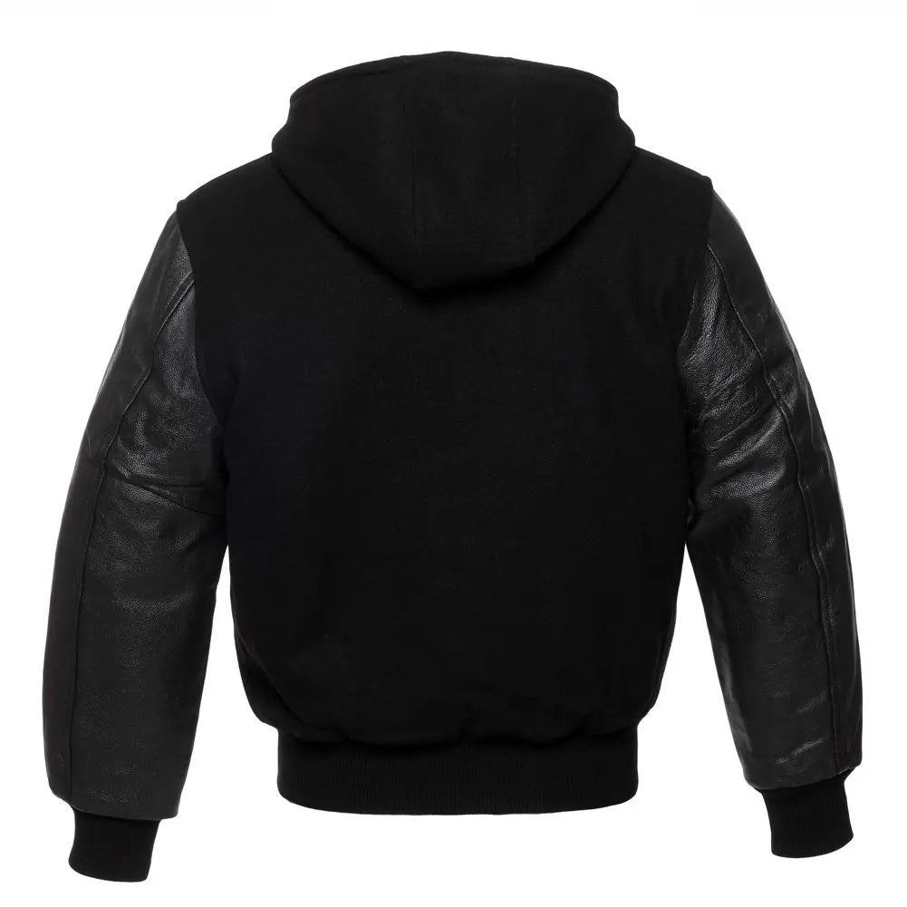 Black Wool/Black Leather New Hoddie Varsity Jacket image 3