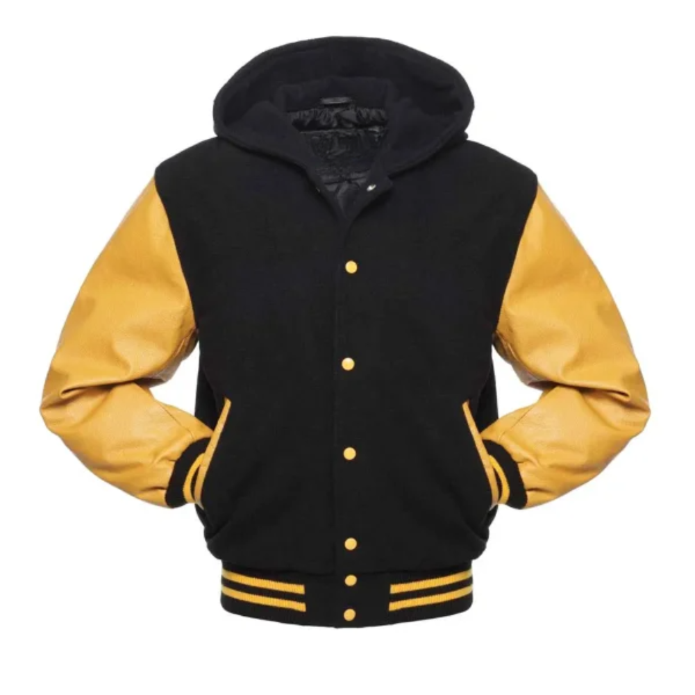 Black Wool/Gold Leather New Hoddie Varsity  Jacket image 0