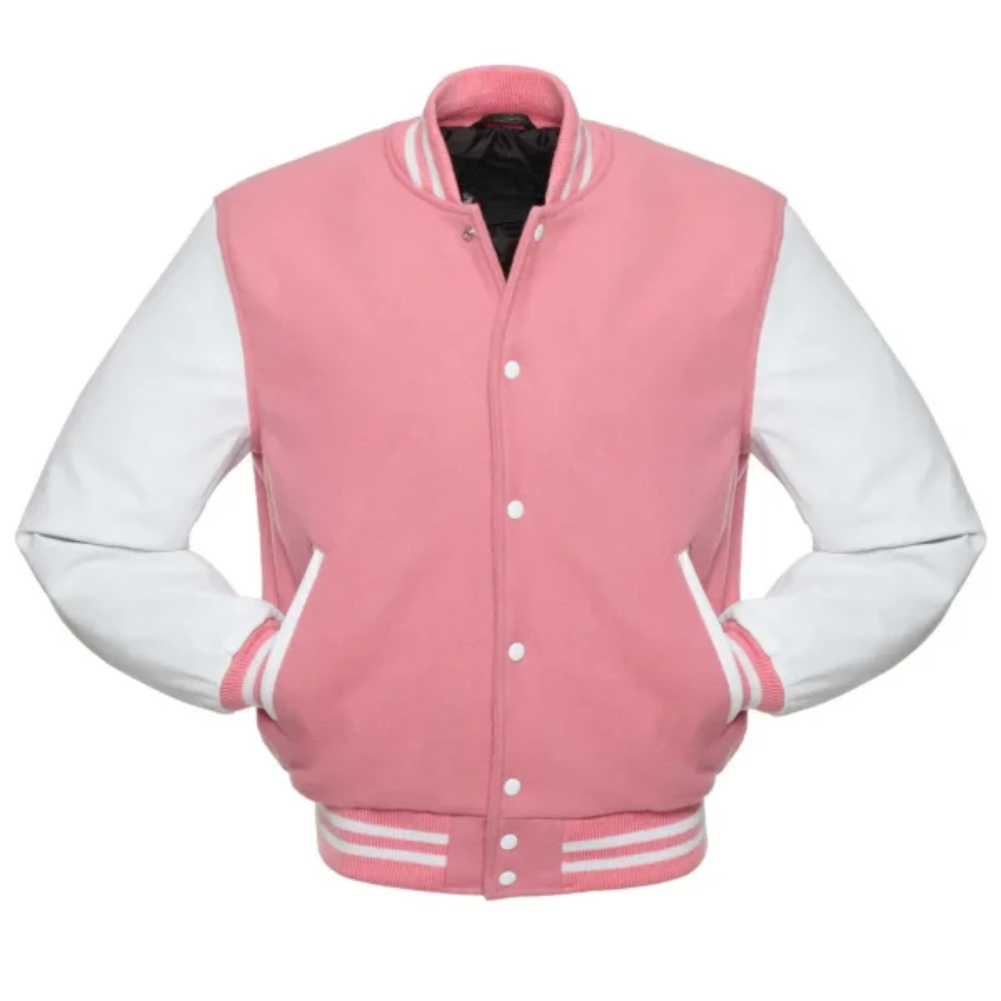 PINK WOOL  WHITE LEATHER NEW VARSITY JACKET image 0