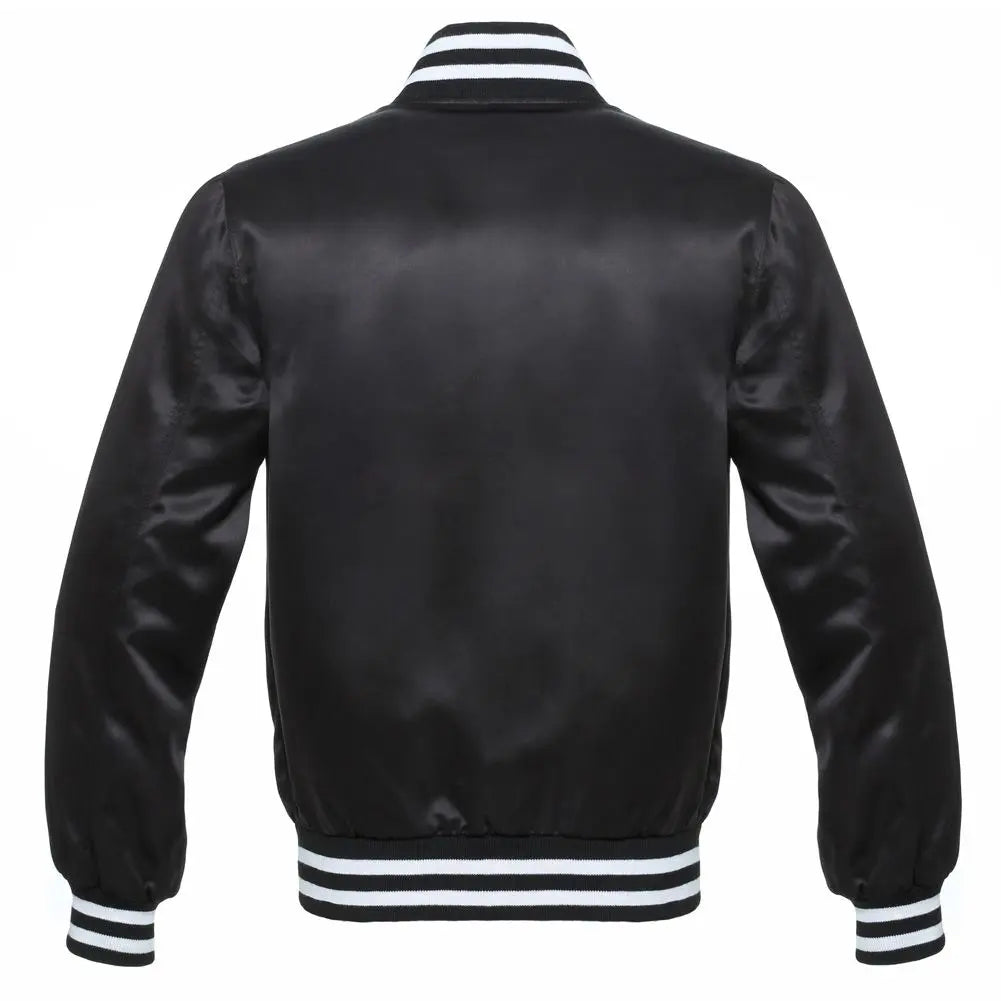 Satin Black/White Leather New Satin Varsity Jacket image 3