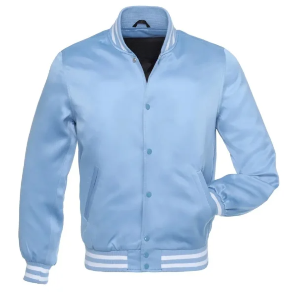 Satin Light Blue/White Leather New Satin Varsity Jacket image 0