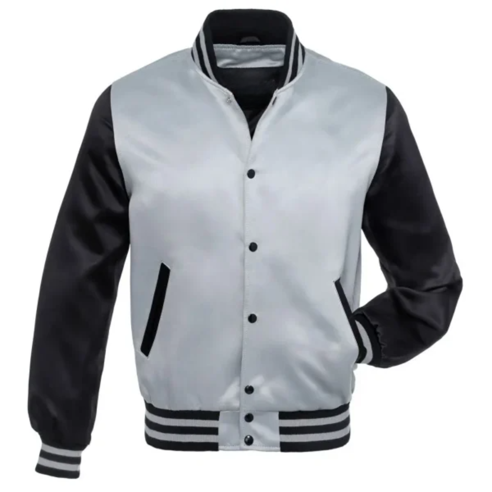 SatinSilver/Black Leather New Satin Varsity Jacket image 0