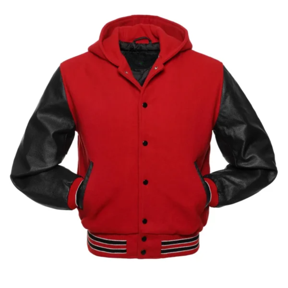 Red Wool/Black Leather New Hoddie  Varsity  Jacket image 0