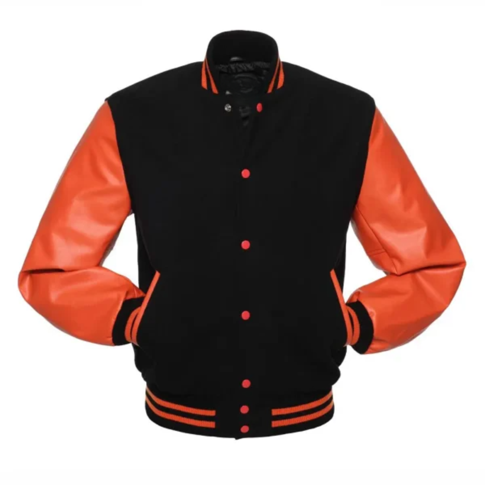 Black Wool/Orange Vinyl Leather New Classic Vinyl Varsity Jacket image 0