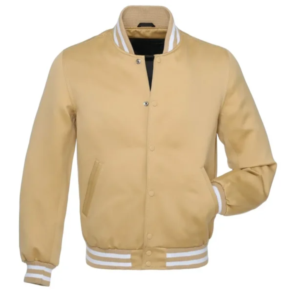 Satin Vegas Gold/White Leather New Satin Varsity Jacket image 0