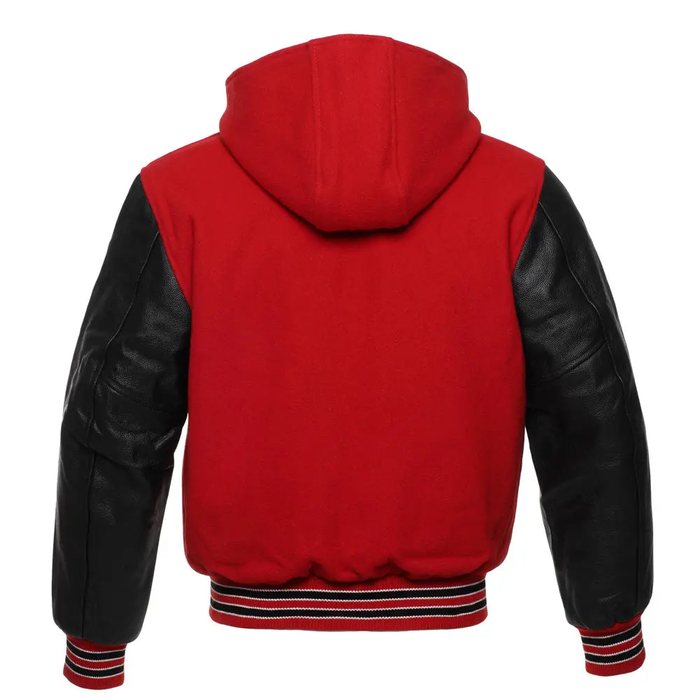 Red Wool/Black Leather New Hoddie  Varsity  Jacket image 3