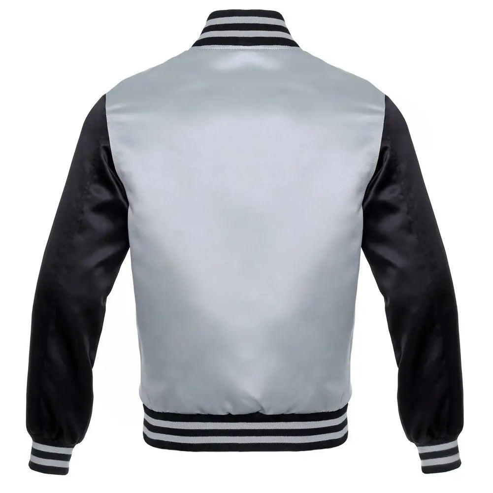 SatinSilver/Black Leather New Satin Varsity Jacket image 3