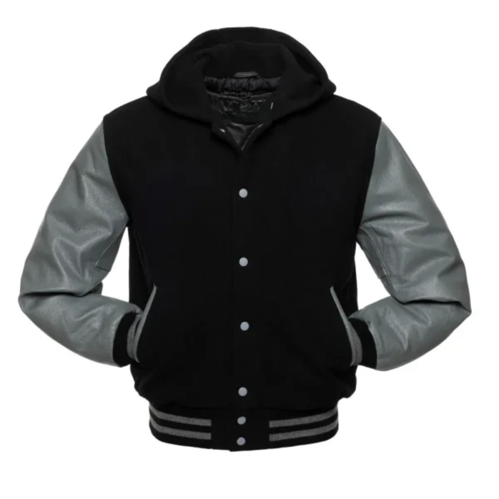 Black Wool/Grey Leather New Hoddie Varsity  Jacket image 0