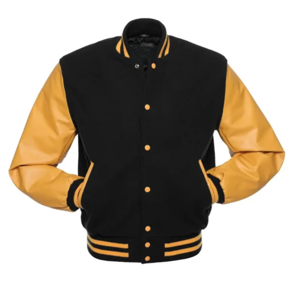 Black Wool/Gold Vinyl Leather New Classic Vinyl Varsity Jacket image 0