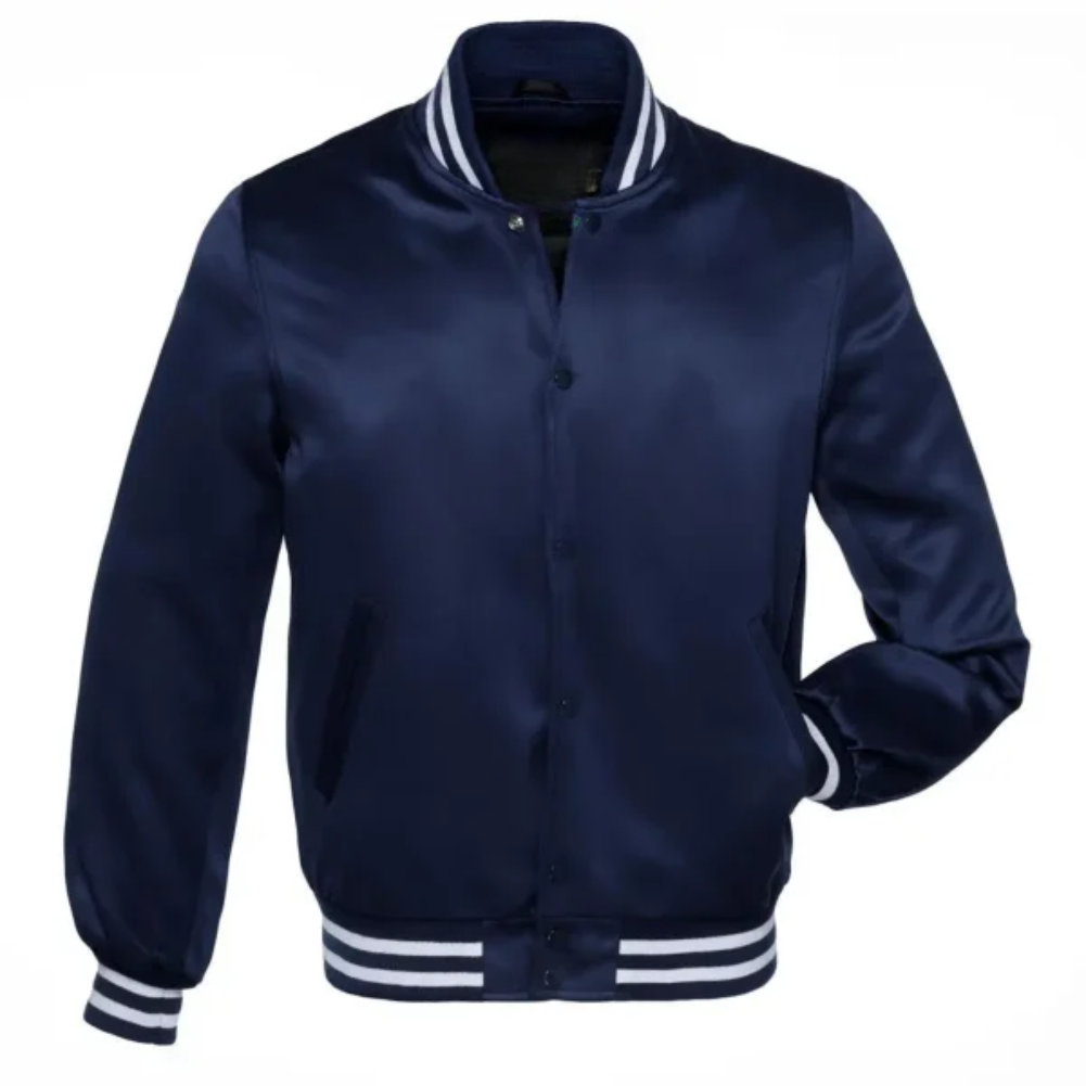 Satin Navy/White Leather New Satin Varsity Jacket image 0