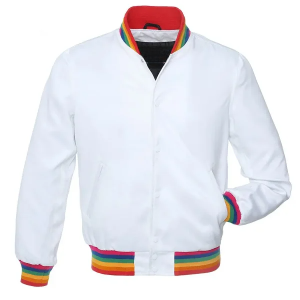 White Rainbow/Satin Leather New Satin Varsity Jacket image 0