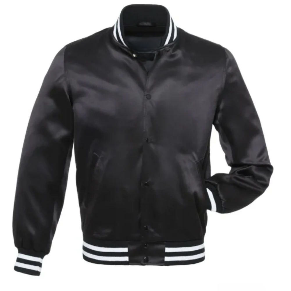 Satin Black/White Leather New Satin Varsity Jacket image 0