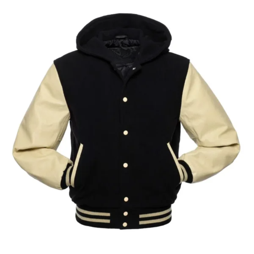Black Wool/Natural Leather New Hoddie  Varsity  Jacket image 0