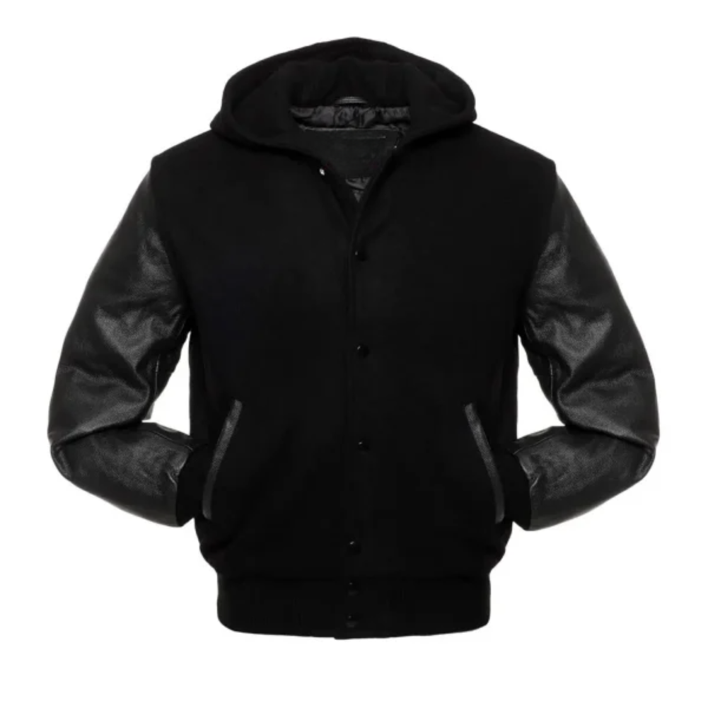 Black Wool/Black Leather New Hoddie Varsity Jacket image 0