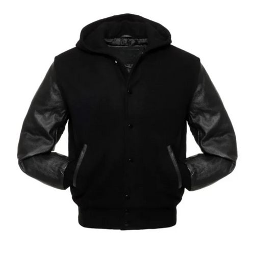 Black Wool/Black Leather New Hoddie Varsity Jacket image 0