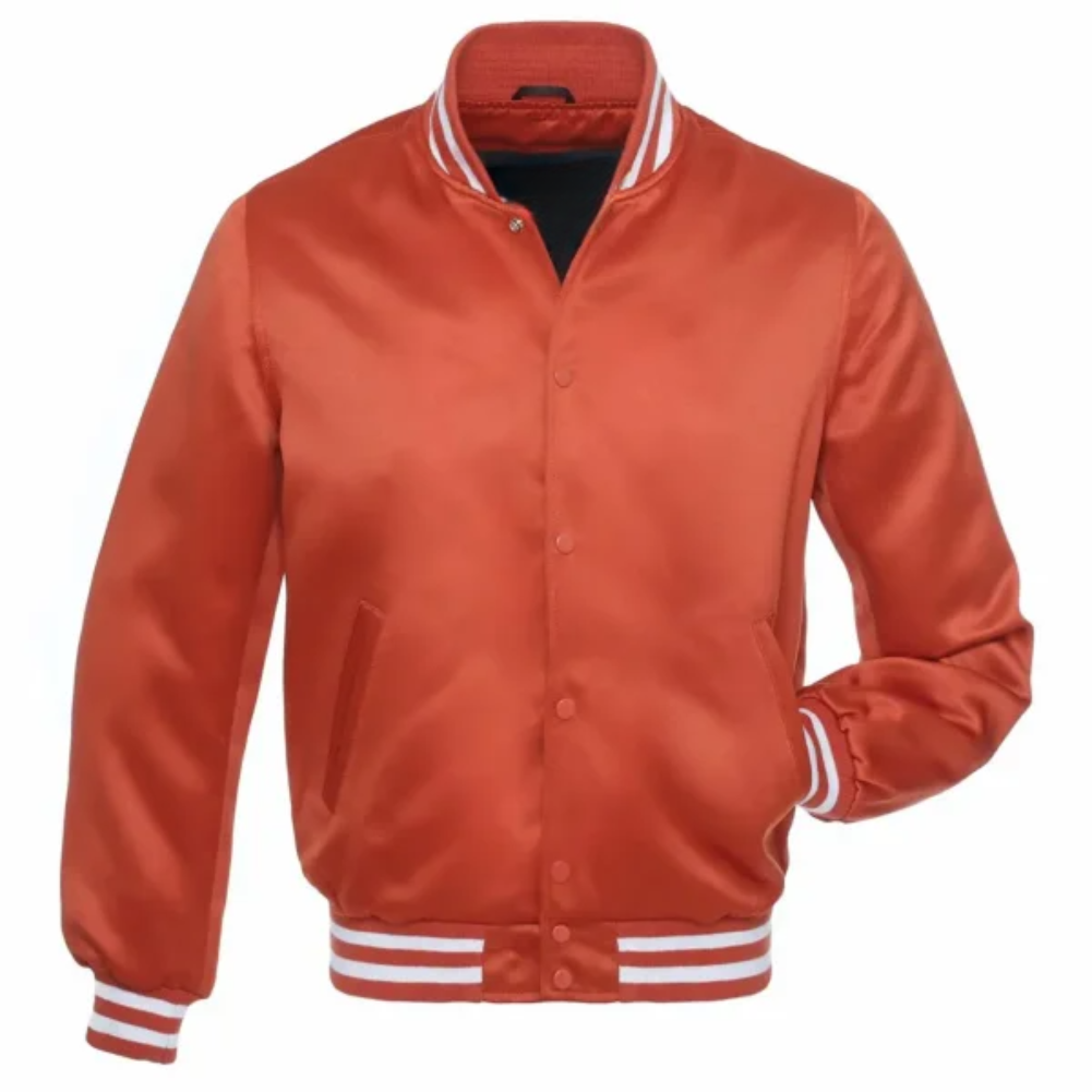 Satin Texas Orange/White Leather New Satin Varsity Jacket image 0