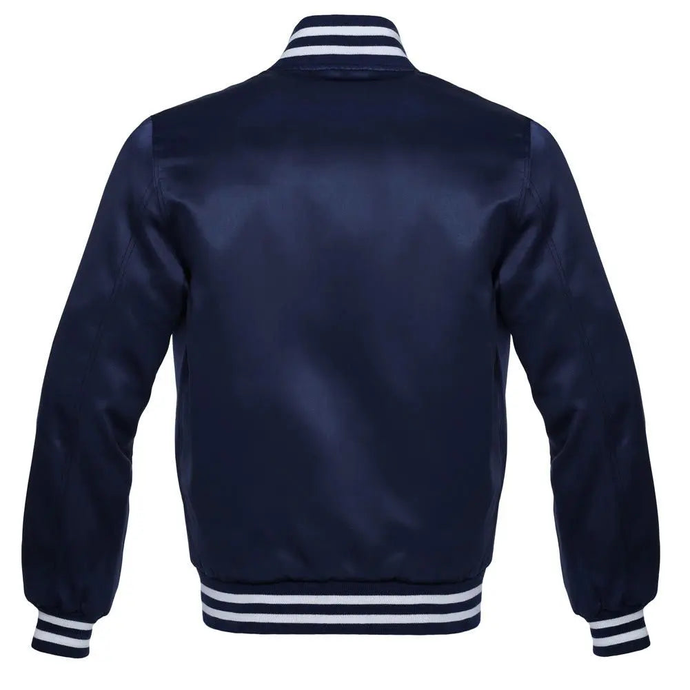 Satin Navy/White Leather New Satin Varsity Jacket image 3
