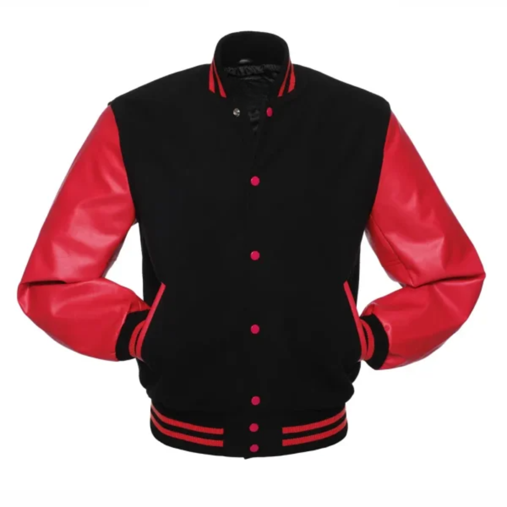 Black Wool/Red Vinyl Leather New Classic Vinyl Varsity Jacket image 0