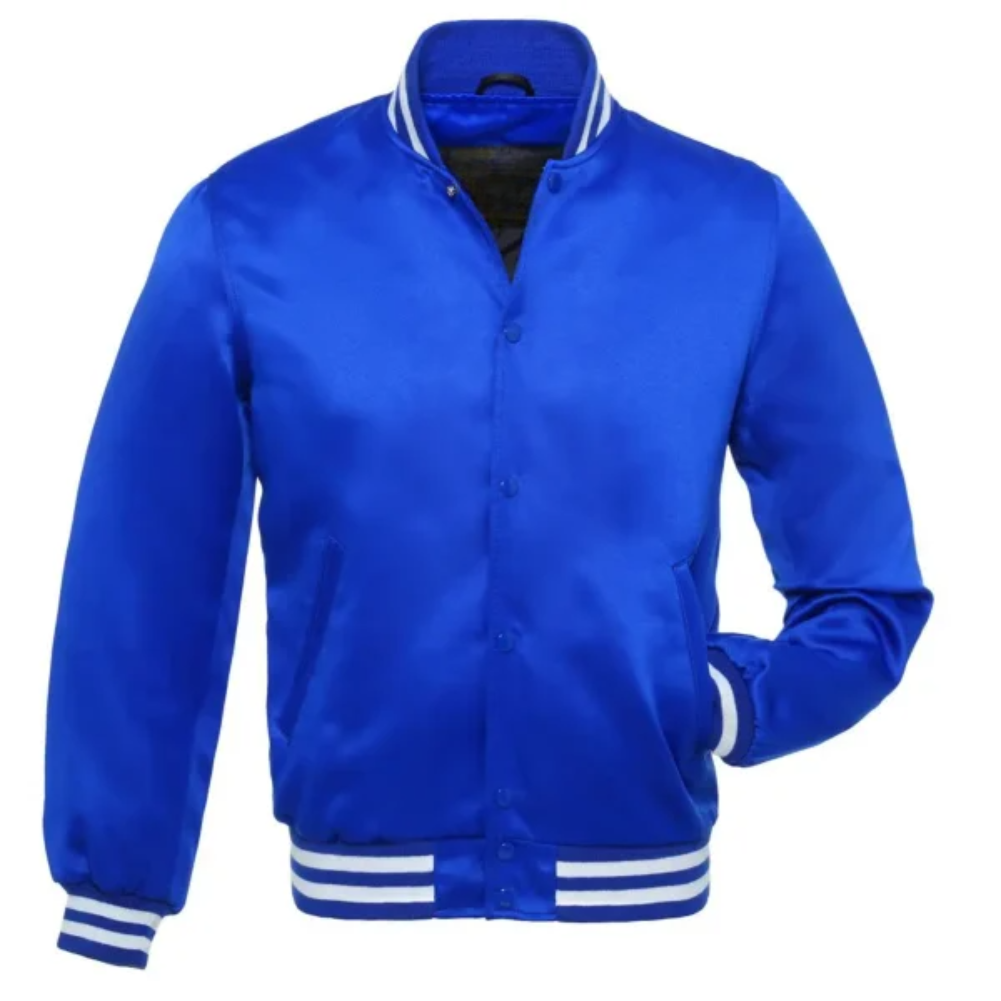 Satin Blue/White Leather New Satin Varsity Jacket image 0