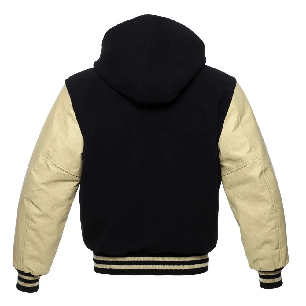 Black Wool/Natural Leather New Hoddie  Varsity  Jacket image 3