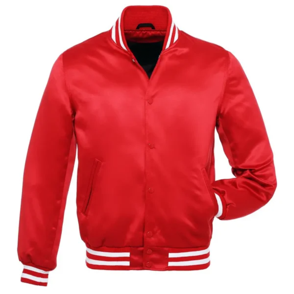 Satin Red/White Leather New Satin Varsity Jacket image 0