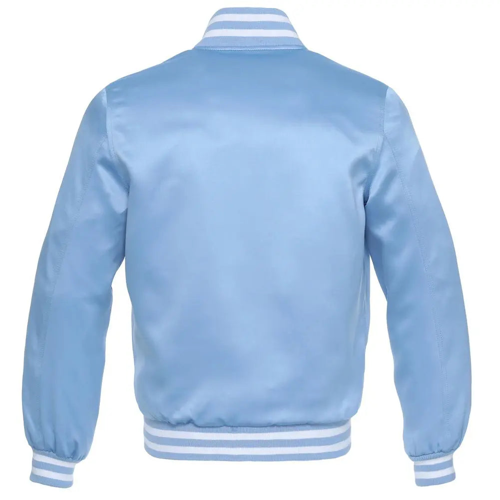 Satin Light Blue/White Leather New Satin Varsity Jacket image 3