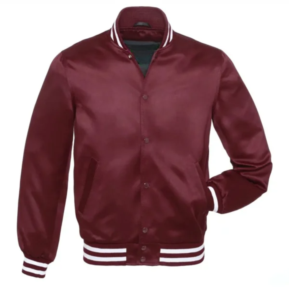 Satin Maroon/White Leather New Satin Varsity Jacket image 0