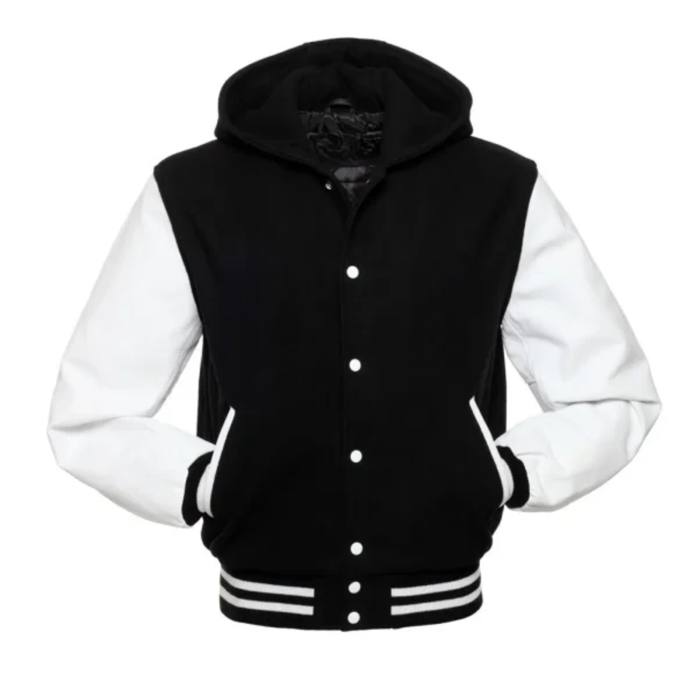 Black Wool/White Leather New Hoddie Varsity Jacket image 0