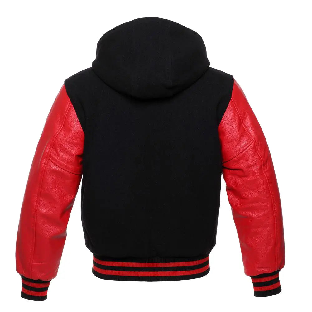 Black Wool/Red Leather New Hoddie Varsity  Jacket image 3